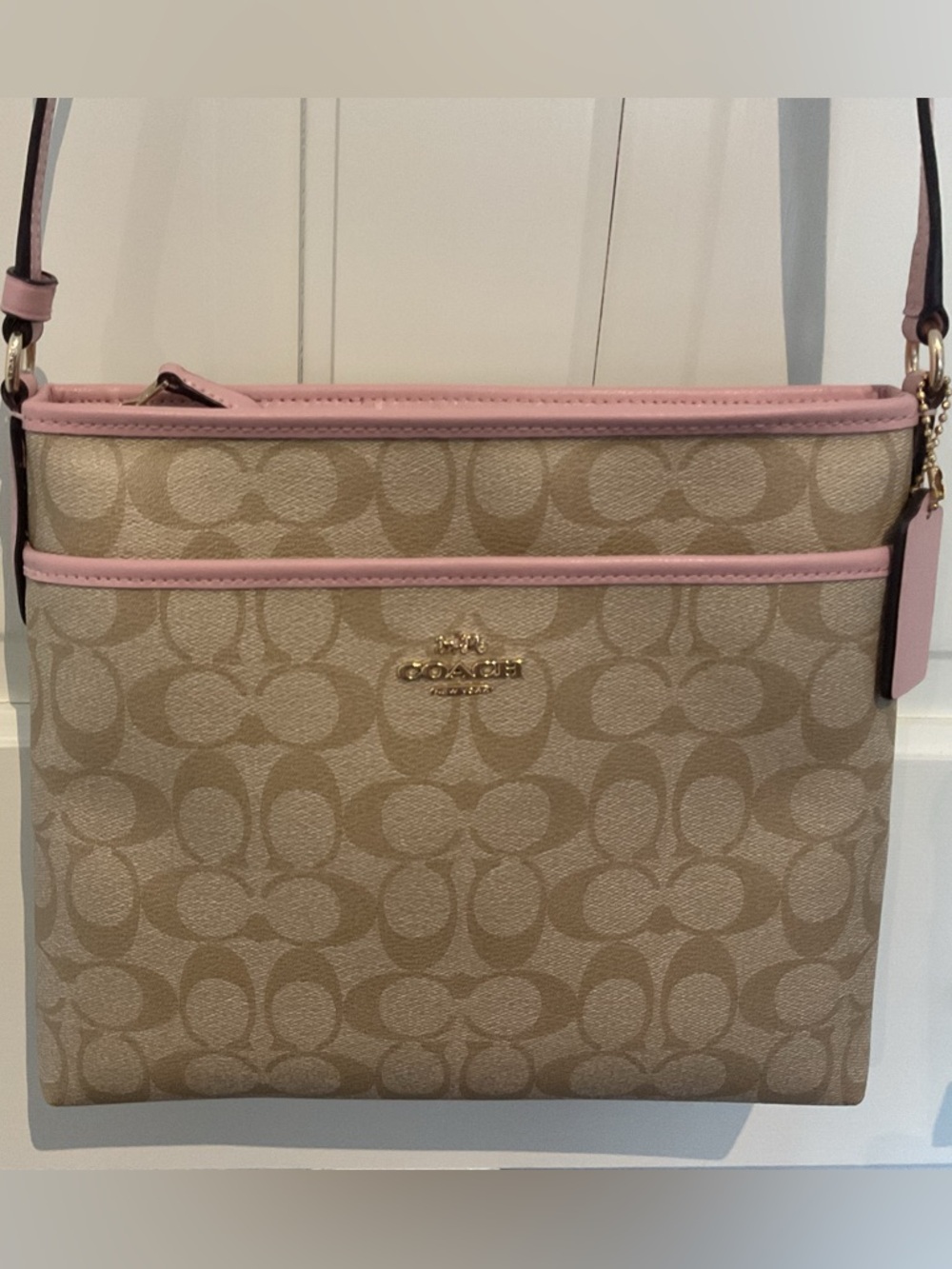 Coach Beige Signature Canvas Crossbody with Pink Trim